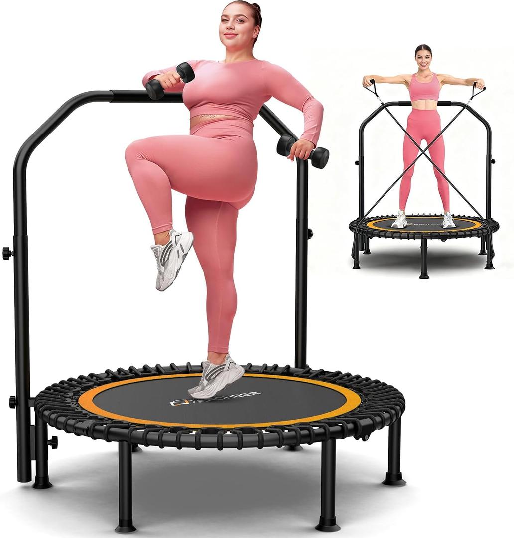 ANCHEER 48" Foldable Rebounder Trampoline for Adults/Kids with Resistance Bands and Bungees, Indoor & Outdoor Mini Trampoline with Bar and Safety Padding - Max Load 450lbs (Orange)