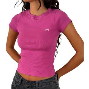 Women Y2K Crop Tops Short Sleeve Ribbed Knit Shirts Cute Bow Embroidery Tee Shirts Teen Girls Slim Fitted Baby Tees (Large, Fuchsia)