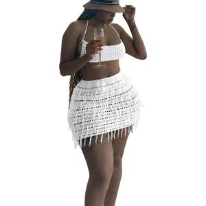 CALEBGAR Women 2 Piece Outfits Sexy Crochet Mini Dress Hollow Tassel Skirts Sets Summer Bandage Tube Tops , White 