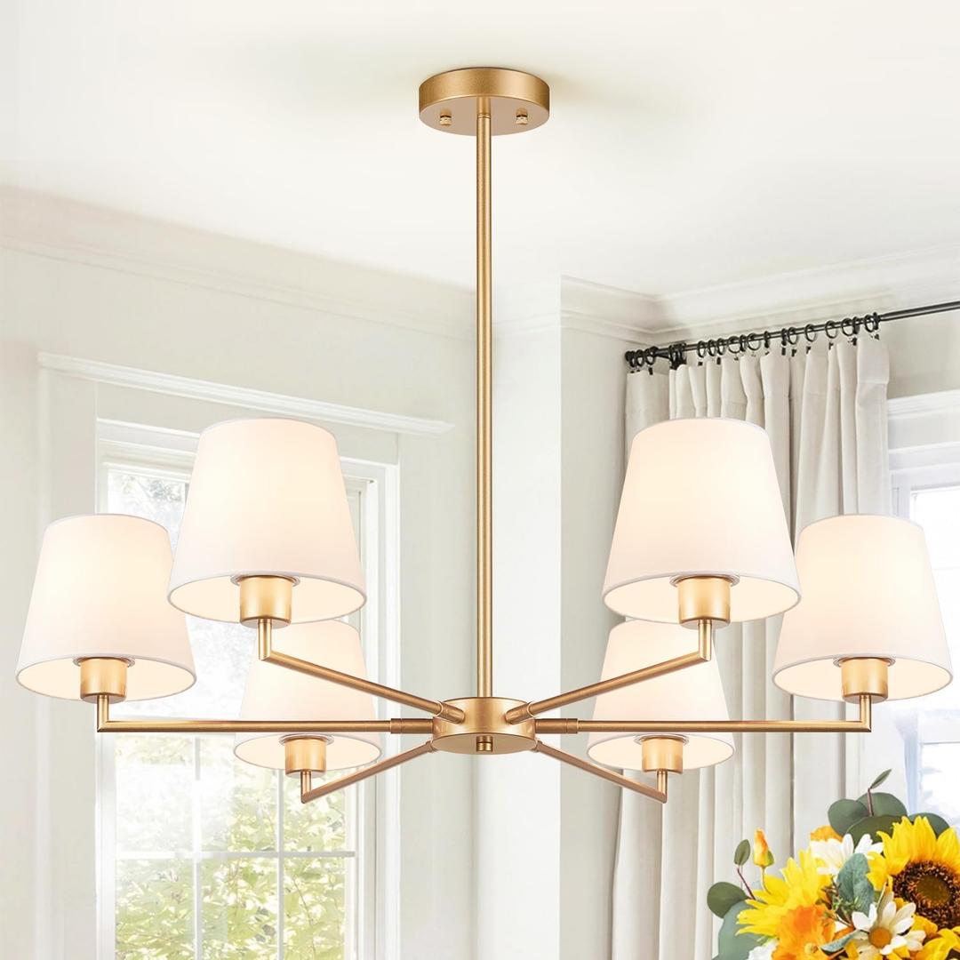 36" Gold Dining Room Light Fixture, No Assembly Required 6-Lights Kitchen Chandelier for Dining Room with White Fabric Shade, Chandelier Ceiling Light Fixture for Kitchen Island Bulb Not Included