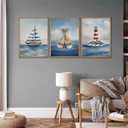 SEINEMBSC Blue Nautical Nursery Wall Art Vintage Sailboat Lighthouse Pictures Wall Decor Boy Coastal Posters Navy Sea Ocean Canvas Print Artwork for Kids Boys Room Playroom Bedroom Decor, Unframed, 24L''X16W''-Unframed