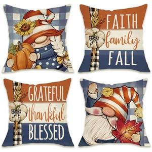 Fahrendom Thanksgiving Gnome Decorative Throw Pillow Covers 18 x 18 Set of 4, Grateful Thankful Blessed Porch Patio Outdoor Pillowcase, Faith Family Fall Autumn Plaid Farmhouse Cushion Case Home Decor
