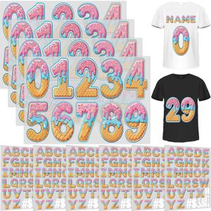 Zhanmai 10 Sheets 280 Pcs 1.65 Inch A-z Heat Transfer Letters 8 Inch 0 to 9 Iron on Numbers Iron on Letters and Numbers for Team Sport T Shirt DIY (Baseball Ice Cream Drip)