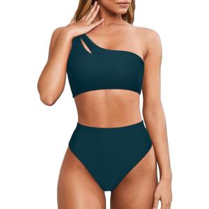 MOOSLOVER Women Cutout One Shoulder High Waisted Bikini High Cut Two Piece Swimsuits (Large, Peacock Blue)
