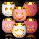 6 Pcs Pink Ghost Halloween Centerpieces Decor Votive Candle Holder Glass Pink and White Jack O Pumpkin Votive Holder Flameless Candles with 6 Laser Engraving Patterns for Party Decor