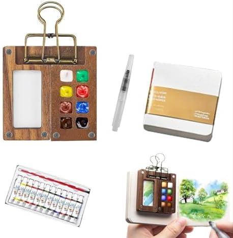 Tobio's Mini Watercolor Kit Pocket Wooden Watercolor Paint Set with 8 Grids Palettes Watercolour Watercolor Pen Sketchbook Travel Paint Kit (1 Set)