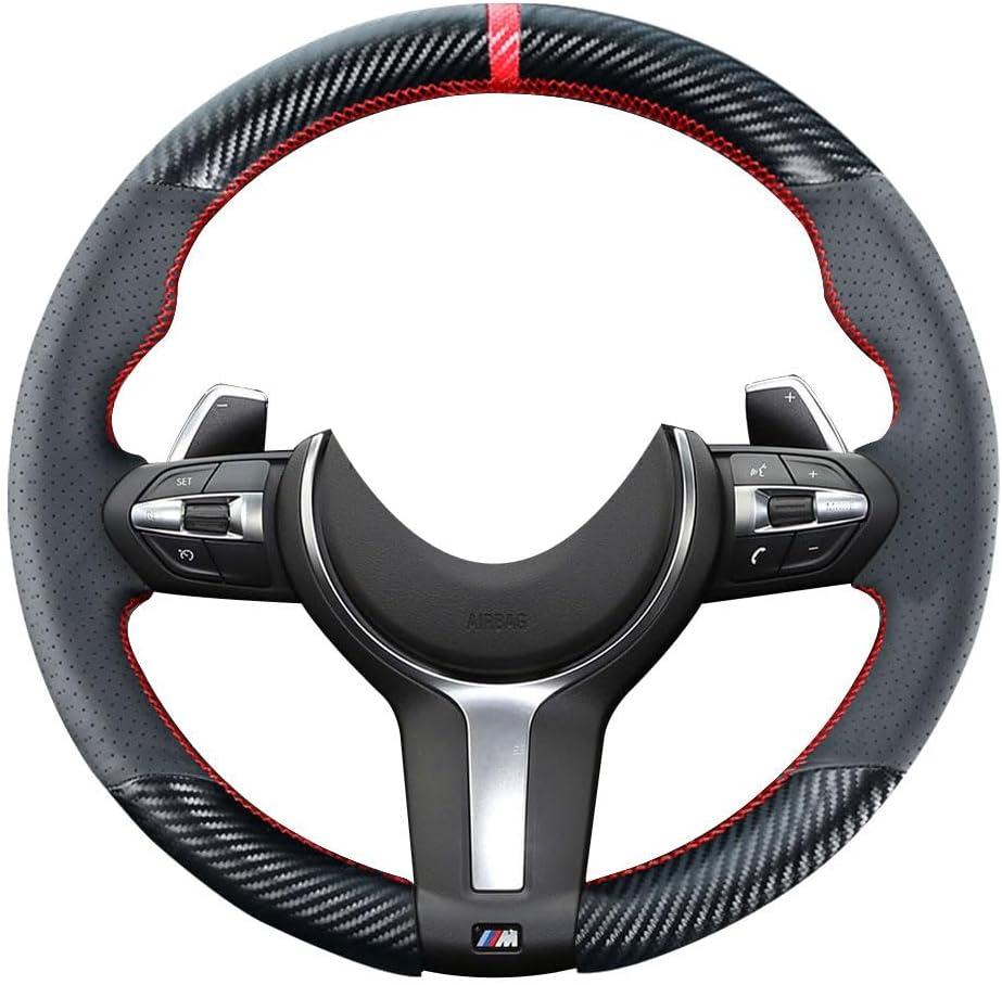 DIY Stitching Carbon Fiber Steering Wheel Cover for BMW M3 M4 M5 M6 M240i X2 M35i X5 M X6 M M2 2014-2017/3 Series F30 F10 M Sport Black 15 inches Leather Interior Accessories