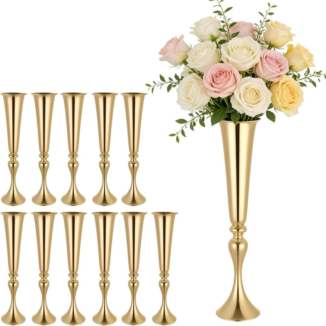 VEVOR 12 PCS Wedding Flower Vase, 21.7 in Tall Trumpet Flower Table Centerpieces, Banquet Vases Easy Installation, Electroplated Versatile Arrangement Stand for Party Events Home Decor Reception, Gold