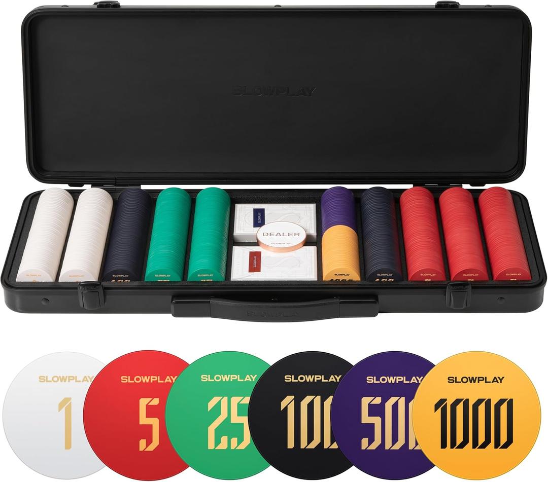 SLOWPLAY Godel Ceramic Poker Chips Set for Texas Hold'em, 500 PCS [with Numbered Values], 43mm & 12g Each | Features a High-end Chip case with Extra Durable German Polycarbonate Shell