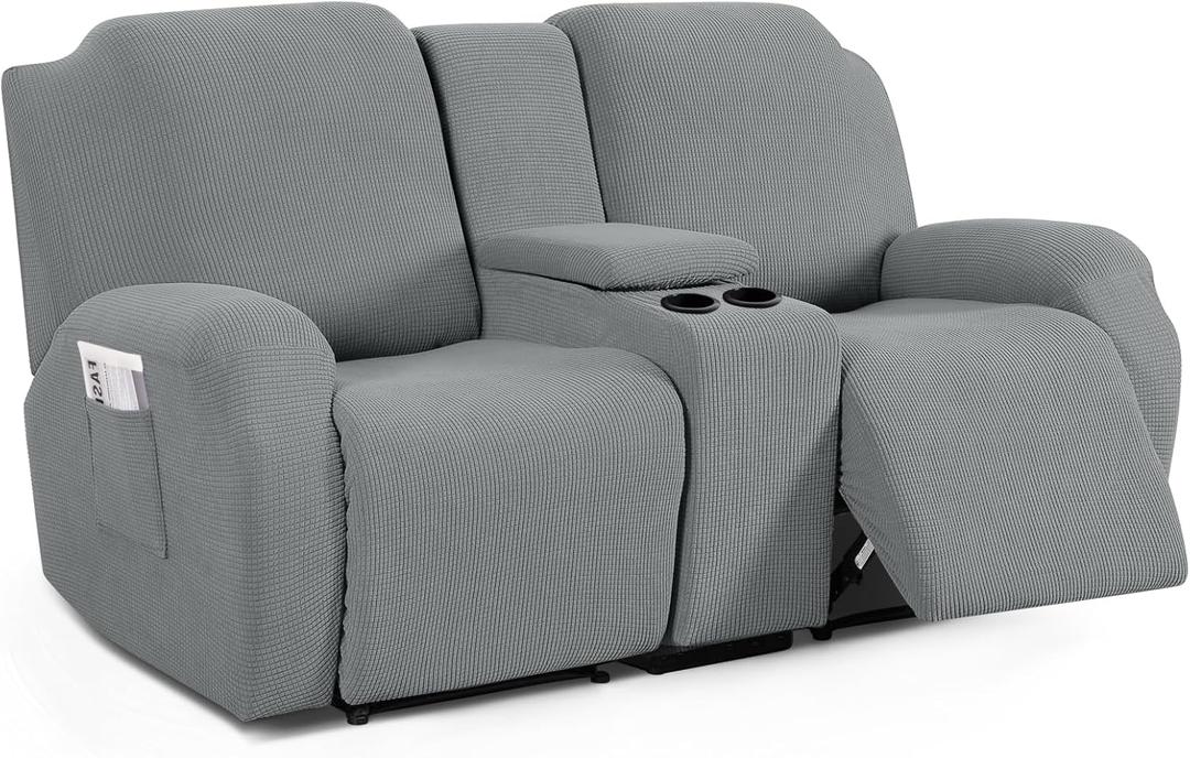 TAOCOCO Loveseat Recliner Cover with Middle Console, Stretch Loveseat Cover for 2 Seat Recliner Couch, Jacquard Reclining Sofa Covers Loveseat Slipcover Furniture Protector, Dusty Grey