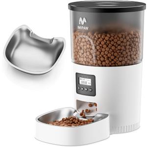 IMIPAW Automatic Cat Feeder, 3L Timed Pet Dry Food Dispenser with Clog-Free Design, Programmable, Dual Power Supply, Desiccant Bags, Auto Feeder for Cats, 1-6 Meals Per Day, with Stainless Steel (White Black)