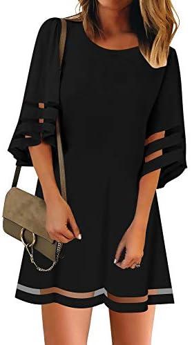 LookbookStore Women Casual Crewneck Mesh Panel 3/4 Bell Sleeve Loose Tunic Dress L