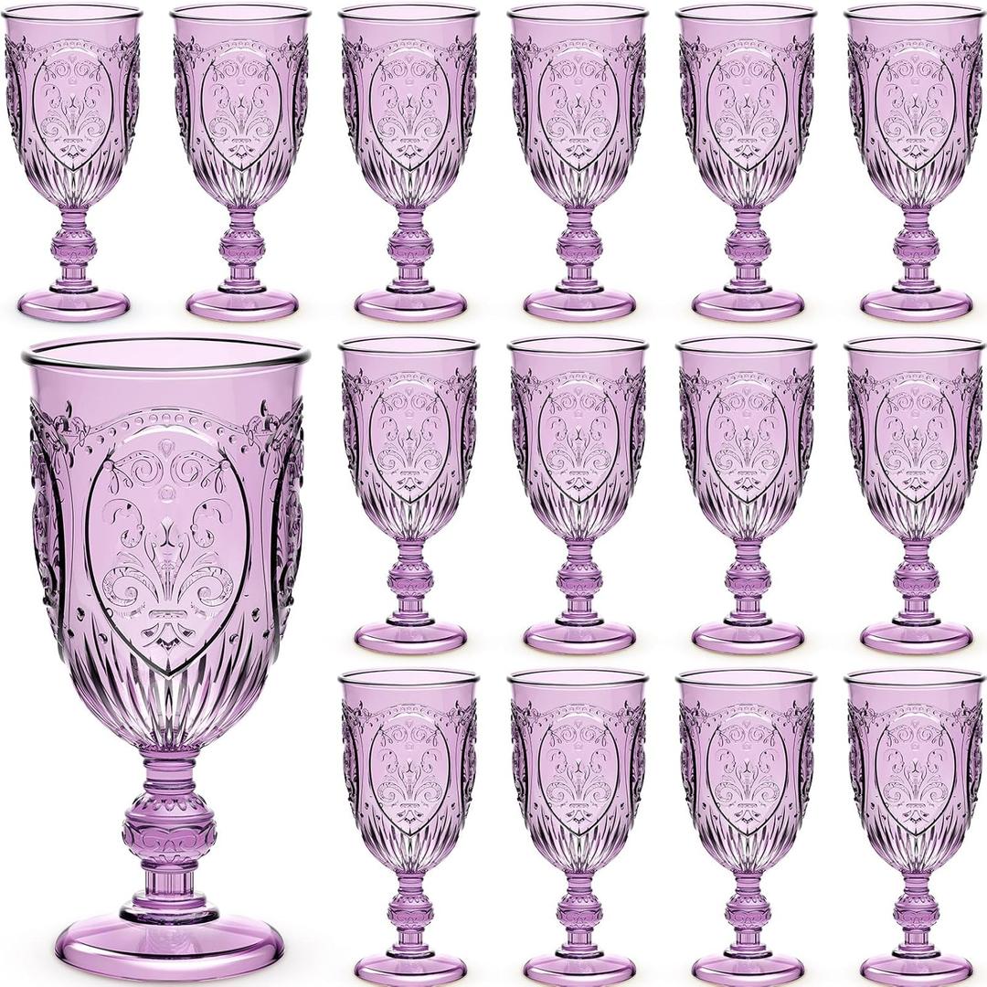 24 Pcs Plastic Goblets 7.5oz Vintage Goblet Plastic Wine Glasses Colored Retro Embossed Water Goblets for Wine Bar Juice Baby Shower Wedding Reception Grand Event Party (Purple)