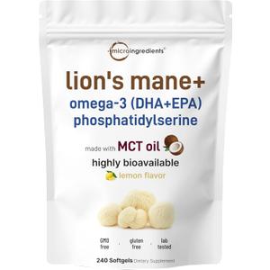 Micro Ingredients Lions Mane+ with Omega-3 EPA DHA & Phosphatidylserine  240 Softgels with MCT Oil for Better Absorption  Fruiting Body & Mycelium Superfood Mushroom Extract  Lemon Flavored