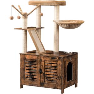 HOOBRO Cat Tree with Litter Box Enclosure, 44" Tall Wooden Cat Tower with Scratching Posts, Cat Hammock, Hidden Litter Box Furniture, All-in-One Indoor Cat Condo, Rustic Brown FG48MZ03