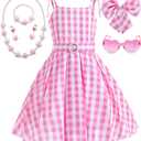 Golray 7pcs Girls Plaid Costume Dress Sweet Slip Dress with Accessories Movie Outfit Birthday Halloween Costume for Girls (110(4-5Years), Pink)