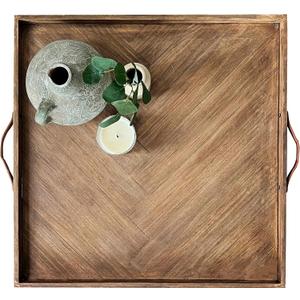 LUIYO Large Ottoman Wood Tray- with Leather Handle Decorative Wooden 24 x 24 x1.5 Inches Square Serving Tray Best for Coffee Table, Living Room and Kitchen (Large 24 * 24)