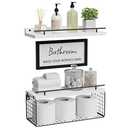 WOPITUES Floating Shelves for Wall Decor Sign, Bathroom Organizer and Storage, Bathroom Shelves Over Toilet with Metal Guardrail-Modern White