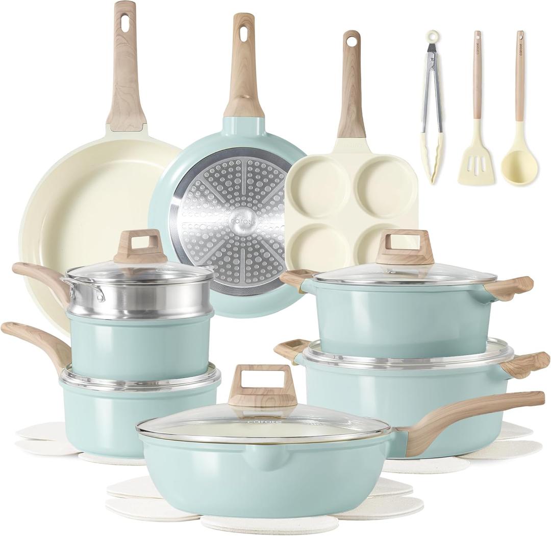 CAROTE 21 Ceramic Cookware Set, Pots and Pans Set Non stick, Cook Ware Set Induction Kitchen Cooking Set Non-toxic Health Induction Cookware, PFAS Free (Blue)