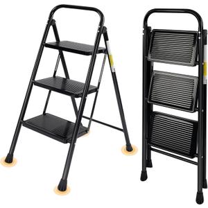 Valeo 3 Step Ladder, Step Stool with Wide Anti-Slip Pedal, 330 lbs Capacity,Step Ladder Folding Step Stool for Adults, Lightweight Steel Portable ladders for Home Kitchen & Office,Black