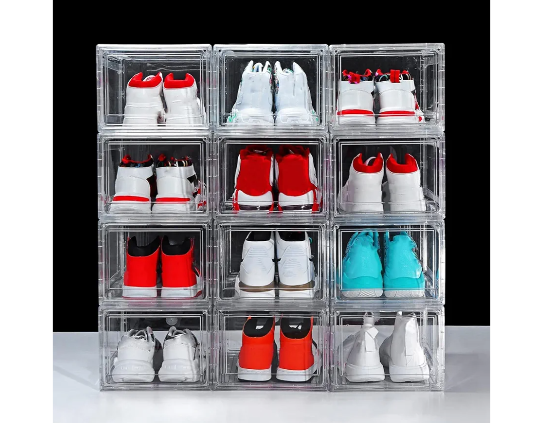 12 Pack Shoe Boxes, Clear Acrylic Plastic Shoe Boxes Stackable, Space-Saving Foldable Drop Front Shoe Storage Boxes Container for With Lids Fits Up to Size 14 (Transparency)