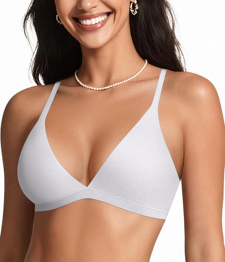 OEAK Womens Comfortable Triangle Bras No Underwire Sexy Plunge Unlined Bralette Pull On Bra Seamless Everyday Tshirt Bras (Medium, White)