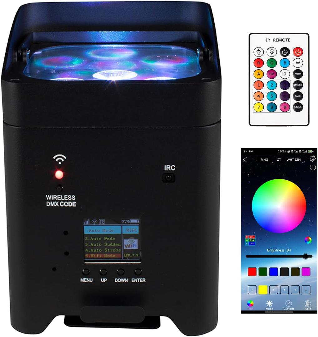 SHEHDS Rechargeable Wireless Stage Light, 6x18W Par Can Lights, RGBWA+UV 6-in-1 with Remote, APP, and DMX512 Control, 8800mAh DJ Light