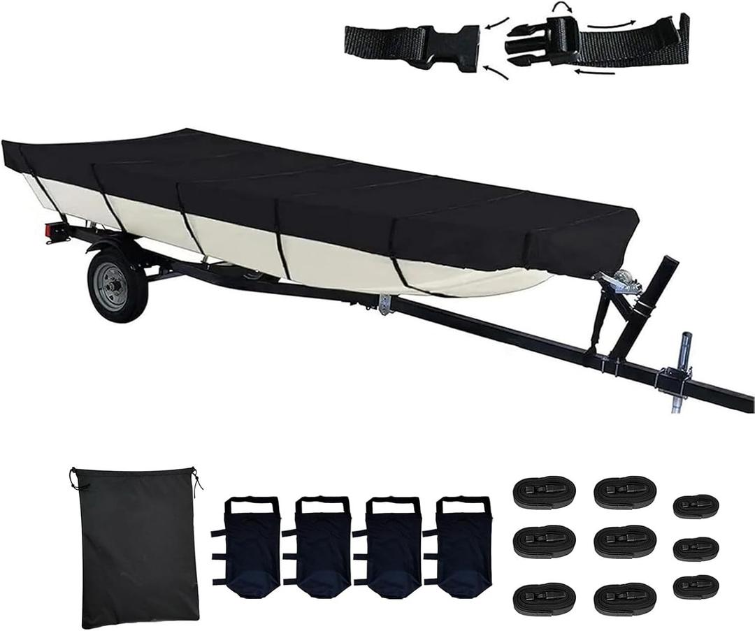 420D Upgraded Jon Boat Cover 12-14ft Heavy Duty Trailerable Jon Boat Cover Waterproof UV Resistant Marine Grade Reinforced Adjustable Side Straps Black