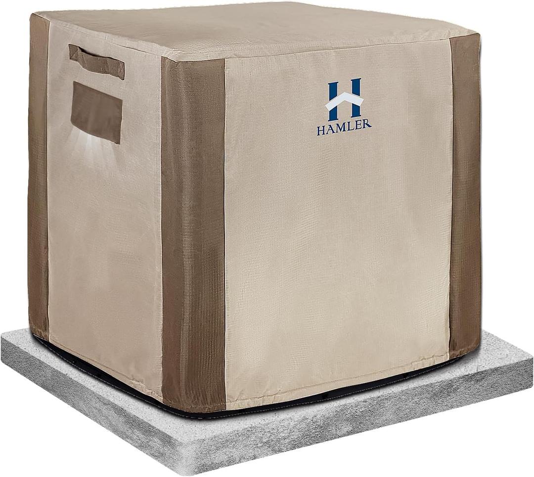 HAMLER Air Conditioner Cover, Outdoor AC Cover for Outside Units - 420D Heavy Duty Fabric Waterproof Winter AC Protector Central Unit Square Fits up to 24"L*24"W*30"H (24"L*24"W*30"H Brown & Beige)
