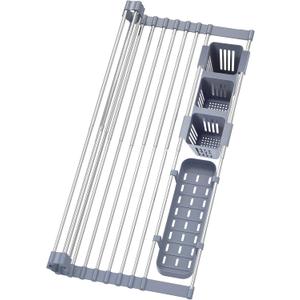 BBXTYLY Expandable Roll Up Dish Drying Rack Up to 22.8''with 2 Storage Baskets,Over The Sink Kitchen Rolling up Dish Drainer Drying Rack, Foldable,Rollable,for Kitchen Dishes(Expandable Width Size) (Gray)