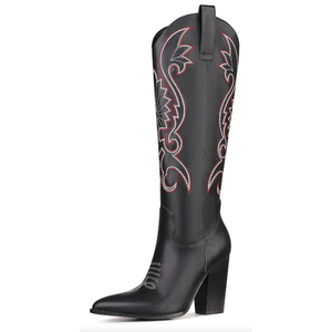 Women Western Knee High Boots Embroidered Chunky Block Heel Cowboy Boots Pointed Toe Pull on Cowgirl Boots (8.5, Black)