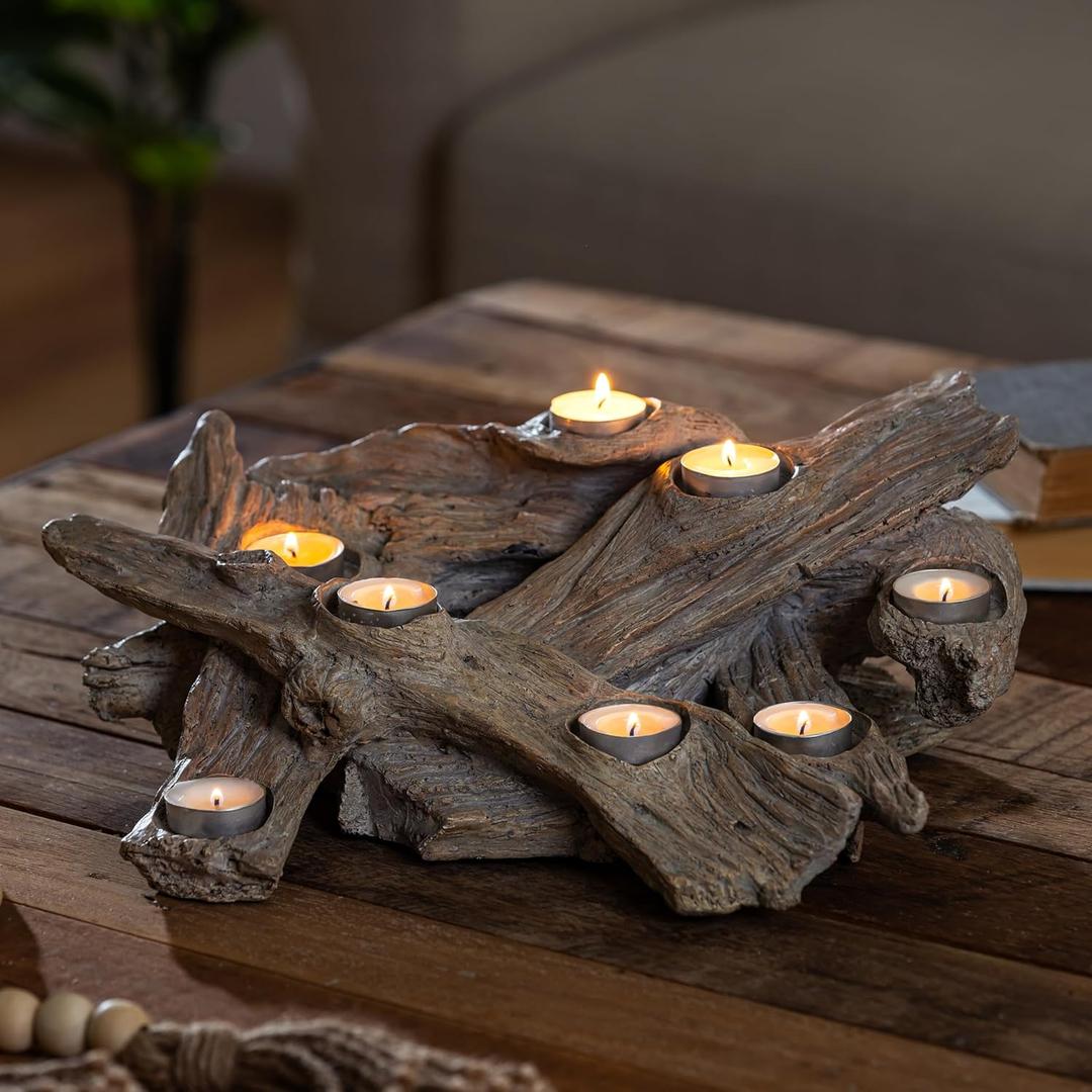 Plow & Hearth Faux Driftwood Resin Logs Candle Holder for Fireplace | Romantic Ambiance Without Heat or Mess | Holds 8 Tea Lights| Realistic Sculpted Logs | 15" L x 10.5" W x 5" H