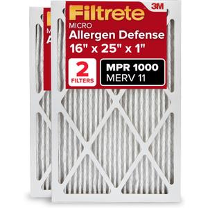 Filtrete 16x25x1 AC Furnace Air Filter, MERV 11, MPR 1000, Micro Allergen Defense, 3-Month Pleated 1-Inch Electrostatic Air Cleaning Filter, 2 Pack (Actual Size 15.719 x 24.72 x 0.84 in) (16 x 25 x 1)