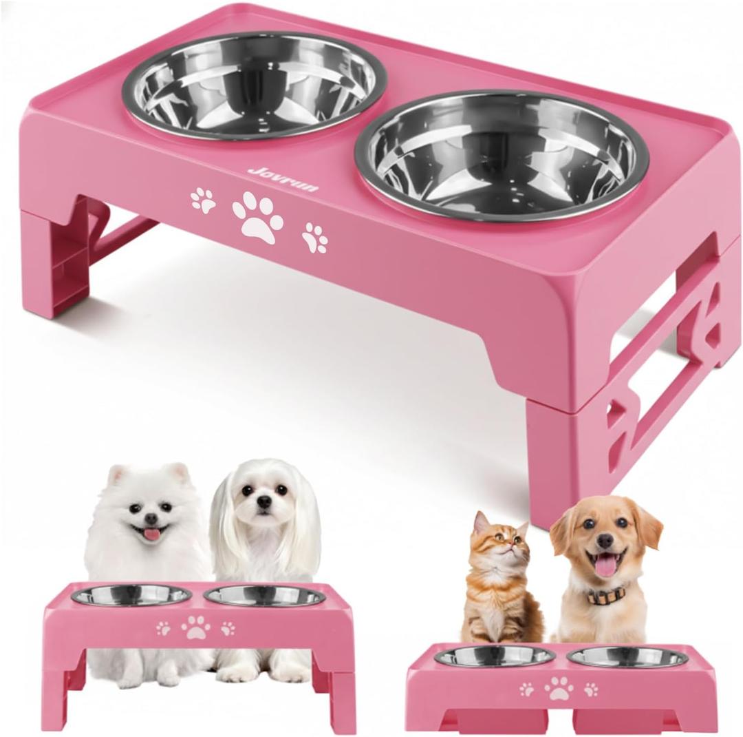 Elevated Dog Bowls for Small Dogs and Cats, Non-Slip Cat Bowls with 2 Thick 5.5" Stainless Steel Dishes, Dog Feeder 2 Heights Adjustable to 2.6"-5.3" (Pink)
