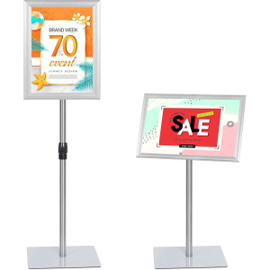 NicQliear Adjustable Sign Stand Holder, 11 x 17 Inch Poster Stand with Extra Heavy Duty Square Metal Base, Vertical or Horizontal Outdoor Floor Standing Indoor Display Holder for Restaurant, Silver