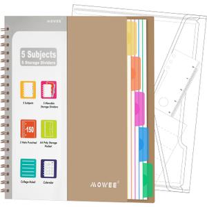 5 Subject Notebook - Spiral Notebook, College Ruled Notebook With Dividers Pocket, Tabs, 11" Ruler, 300 Pages, for Writing Journal, Home & Office, School Supplies, 8.5x11'' CoCo Brown150 Sheets