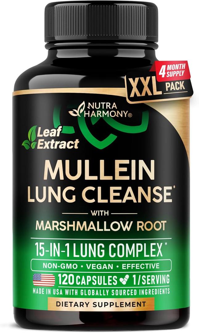 Mullein Lung Detox - Mullein Leaf Extract - Marshmallow Root | Echinacea | Oregano | Quercetin | NAC - 15-in-1 Lung Support & Cleanse for Smokers Supplement - Made in USA - As Drops - 120 Capsules (EXP: 05/2028)