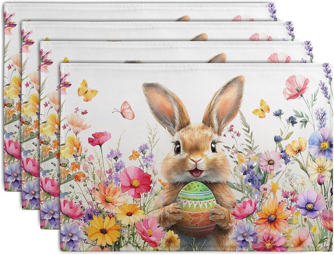 Easter Rabbit Placemats Set of 4 Spring Bunny Colorful Egg Wildflower Place Mat 12x18 Inch Seasonal Farmhouse Linen Fabric Table Mats for Kitchen Dining Outdoor Indoor Easter Party