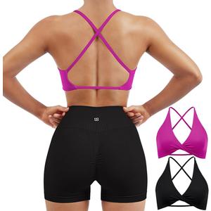 SUUKSESS Women 2 Piece Open Back Strappy Sports Bra Pack Twist V Neck Workout Crops (Small, #2 Hot Pink & Black)