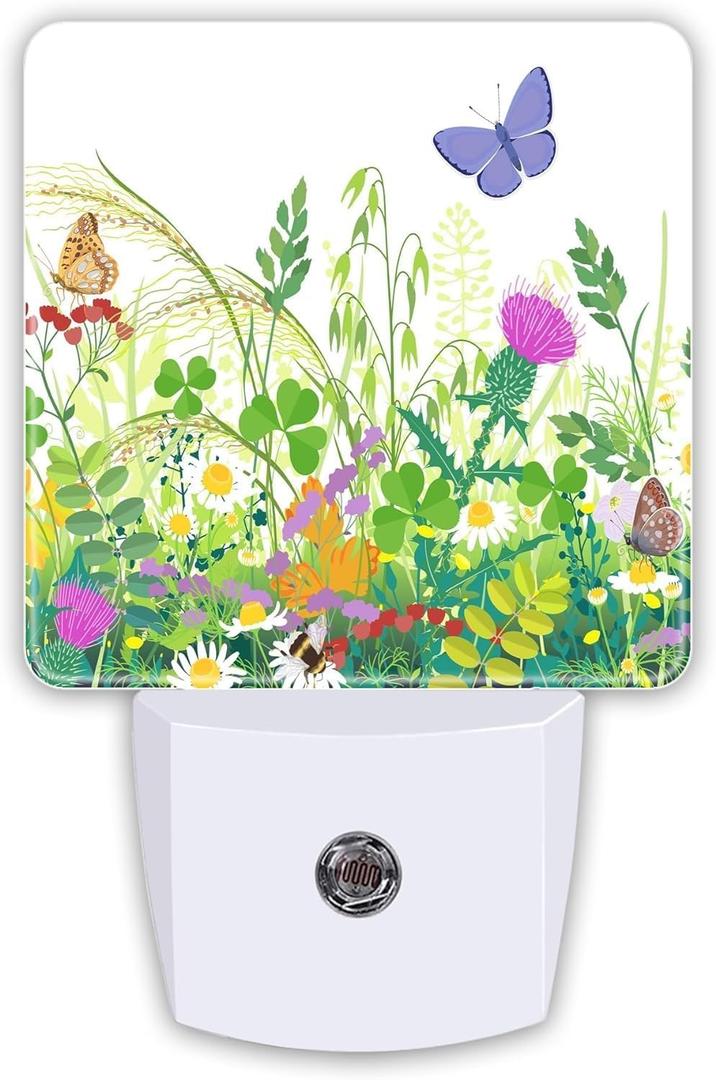 Spring Butterfly Plug-in LED Night Light,Floral Wildflowers Auto Dusk to Dawn Sensor Nightlights Plug into Wall,Flower White Energy Efficient Night light for Bedroom,Bathroom,Kitchen,Stairs,Hallway