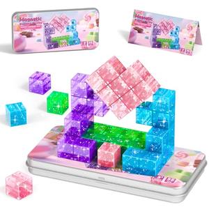 CZCUUDZ Magnetic Blocks Travel, 35PCS Mini Magnetic Blocks for Toddlers, STEM Building Cubes with Portable Iron Box, Magnetic Building Blocks for Kid Ages 3 4 5 6 7 8 Christmas Birthday Gifts, Glitter