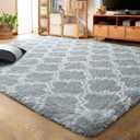 LOCHAS Luxury Shag Area Rug 8 x10 Feet Geometric Plush Fluffy Rugs, Extra Soft Carpet Moroccan Rugs for Bedroom Living Room Dorm Kids, High Pile Shaggy Floor Rug Decor, Light Grey/White