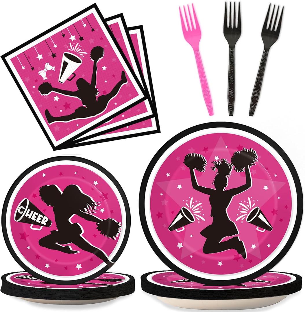 OBUSATT 96Pcs Cheerleader Party Supplies Cheerleading Paper Plates Napkins Gymnastics Party Decorations Girls' Birthday Dinnerware Party Favor Tableware Serves 24
