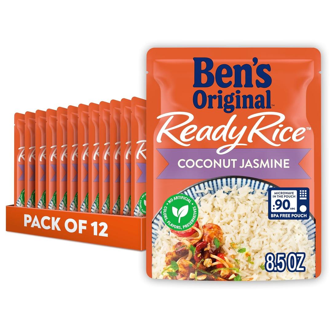 BEN'S ORIGINAL Ready Rice Coconut Jasmine Flavored Rice, Easy Dinner Side, 8.5 oz Pouch (Pack of 12) (BBD: 05/2027)