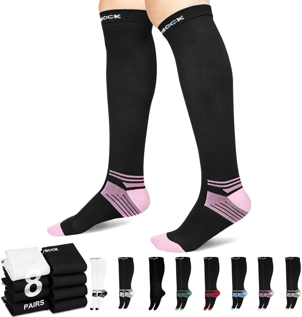 8 Pairs Compression Socks for Women Men Nurses L/XL(15-20mmhg) Easy on Knee High Compression Socks Providing Support