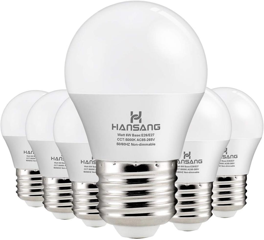 hansang A15 LED E26 Small Light Bulb, Daylight 5000K, 60Watt Equivalent Ceiling Fan Light Bulbs, E26 Standard Base Appliance Light Bulb, 600 Lumen, CRI85+, Eye Protection, 120V, Non-Dimmable 6 Pack