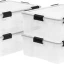 IRIS USA WeatherPro 41 Qt Storage Bins with Lids, 4 Pack, BPA-Free Plastic Gasket Box with Tight Latch and Seal, Stackable Nestable Tote Tub - Clear/Black