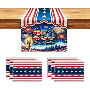 72x13 Inch 250th 4th of July Patriotic USA Stars Table Runner with 6Pcs Place Mats for Independence Day