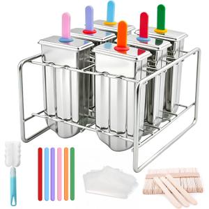 6-Piece Stainless Steel Popsicle Molds, Reusable Homemade Ice Pop Molds with Stand, Eco-Friendly for Kids & Adults, Includes Colorful Acrylic Sticks, Wooden Sticks & BagsRound Head