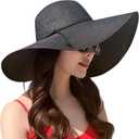 Lanzom Womens Wide Brim Straw Hat Big Floppy Foldable Roll up Cap Beach Sun Hat UPF 50+ (One Size, Twine-black)